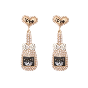 Boucles d'oreilles bouteille de champagne avec perles, nœud et gravure cœur love