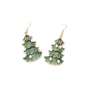 Christmas tree hook earrings with green glitter finish, colorful rhinestones and pearls