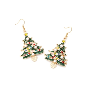 Boucles d'oreilles sapin de Noël en alliage doré avec paillettes vertes et strass colorés