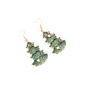 Detailed view of green Christmas tree earrings with colorful rhinestones and pearls