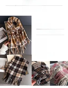 Détails de foulards à carreaux doux avec franges en tons marron, gris et rose