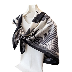 Elegant black and white floral silk-satin scarf with abstract geometric prints for women