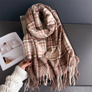 Châle en cachemire épais à carreaux classiques avec franges en tons marron orange