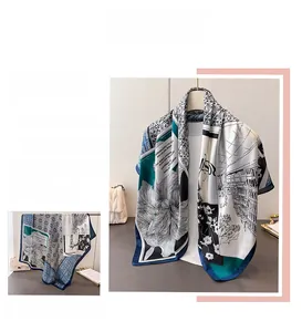 Detail of silk-like scarf featuring vintage architectural prints and floral patterns