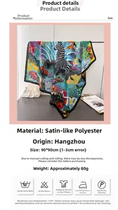 Detailed shot of 90x90cm zebra and tropical floral satin silk scarf elegantly draped