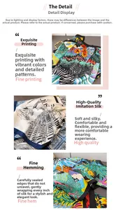 Detailed view of silk-like scarf featuring zebra patterns and premium stitched edges