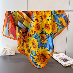Grand Carré De Satin Satin Imprimé Peinture À L'Huile Tournesol Artistique Élégant Foulard De Mode Châle Pour Femmes