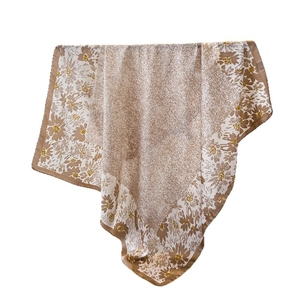 Brown and white faux silk square scarf featuring elegant daisy and speckled prints