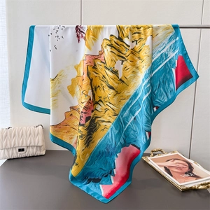 Damen Künstlerisch Bedrucktes Quadratisches Halstuch KunstSatin Satin Schal Elegant Abstraktes Ölgemälde Muster Modisch