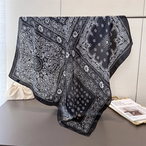 Elegant black and white paisley silk-like large square scarf with retro floral pattern