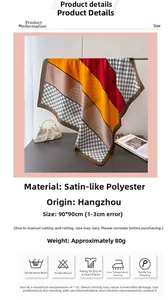 Detail of 90x90cm satin silk scarf with geometric color blocks and fine plaid patterns