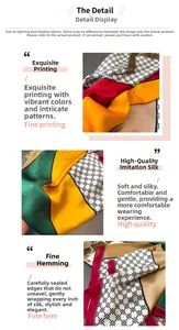 Macro detail of imitation silk scarf featuring vibrant geometric prints and neat stitched edges
