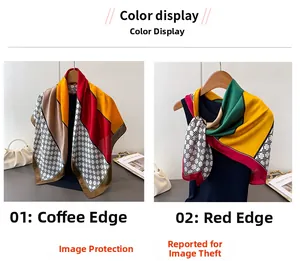 Detail of satin silk scarves in geometric patterns and warm color block combinations