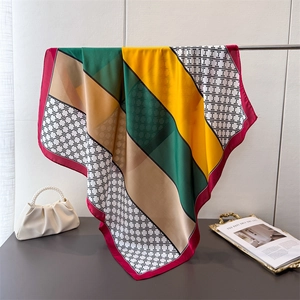 Luxurious satin silk square scarf with geometric patchwork and vintage red border