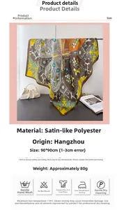 Detailed view of 90x90cm four-leaf clover satin silk scarf with texture and size info