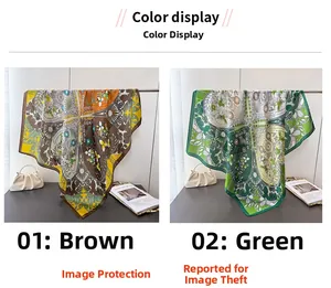 Detail view of artistic four-leaf clover print silk-like scarves in brown and green