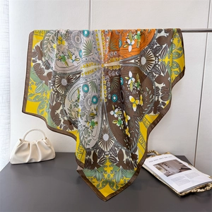 Large Square Scarf Elegant Four Leaf Clover Floral Print Satin Imitation Satin Headscarf Neck Wrap Shawl For Women Fashion