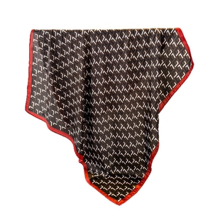 Classic vintage brown satin square silk scarf with geometric letter patterns and red border