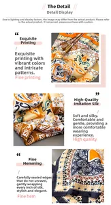 Detailed view of paisley print silk-like scarf with precise machine-hemmed edges