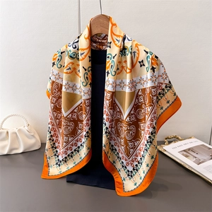 Elegant vintage paisley satin square scarf in orange and teal for women hair wrapping