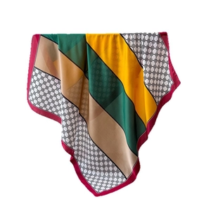 Retro geometric satin silk scarf with bold color blocking and fine checkered patterns
