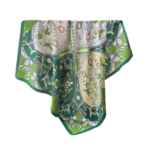 Artistic four-leaf clover print faux silk square scarf with vibrant green floral patterns