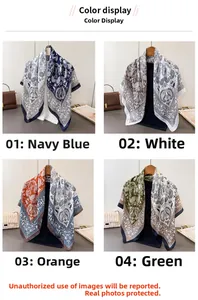 Collage of paisley satin scarves in navy blue, white, orange, and green colors
