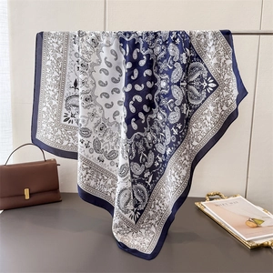 Paisley Print Satin Large Square Scarf For Women Vintage Color Block Pattern Headscarf Elegant Silky Neck Scarf Shawl Hair Accessory