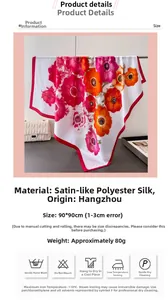 Détails d'un foulard en satin 90x90cm avec motif floral et spécifications de dimensions