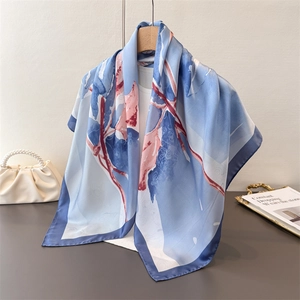 Artistic ink wash print silk-like square scarf in light blue with floral patterns