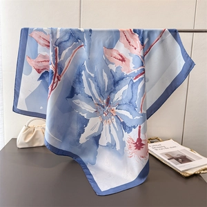 Elegant floral silk-like large square scarf with blue and pink ink wash patterns