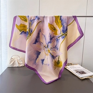 Elegant Square Scarf Imitation Satin Floral Print Large Wrap Shawl French Vintage Style Women Neck Hair Accessory