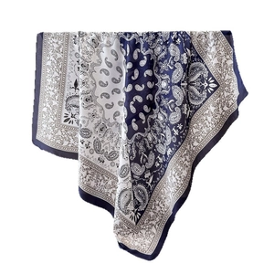 Deep blue and cream paisley satin square scarf with elegant ethnic floral patterns