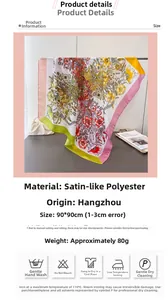 Gedetailleerde maatgids en wasinstructies voor een 90x90cm satijnen sjaal met bloemen