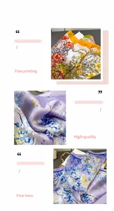 Detail van zijden satijnen sjaal met lavendel bloemenprint en luxe afgewerkte rand