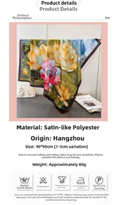 Detail of 90x90cm ink lotus silk satin scarf with size and washing instructions
