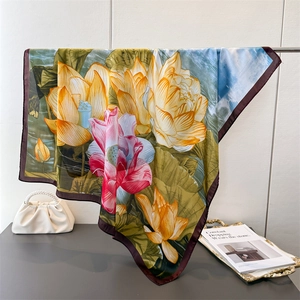 Elegant Women Square Scarf Satin Polyester Faux Satin Ink Wash Lotus Floral Print Large Shawl Wrap Fashion Accessory