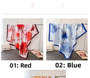 Vista detallada de elegantes pañuelos estampados con patrones de mármol rojo y azul
