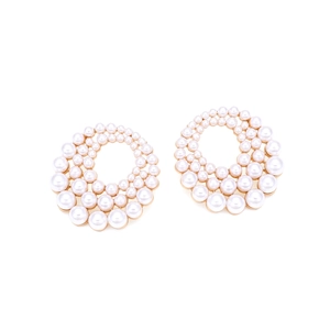 Elegant gold round pearl hoop earrings for women with layered white faux pearl embellishments