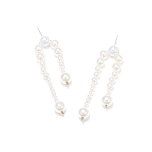 Baroque style faux pearl drop earrings with U-shaped beaded design and silver metal studs
