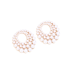 Elegant French style round imitation pearl earrings with gold plating on white background
