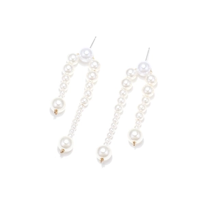 Elegant white baroque pearl drop earrings with gold-tone hooks on white background