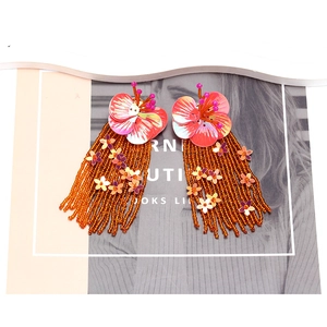 Bohemian handmade long fringe earrings with pink sequin flowers and orange seed beads