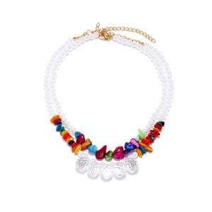 Layered Necklace With Imitation Artificial Pearls Colorful Broken Stones And Clear Faceted Beads Bohemian Style For Women
