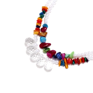 Bohemian multilayer necklace with colorful stones and white pearls for beach vacation