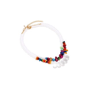 Bohemian multilayered necklace with white pearls, colorful gravel stones and crystal beads
