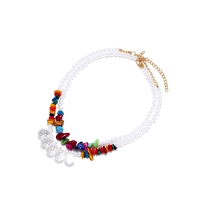 Bohemian multilayer beaded necklace with faux pearls and colorful gravel stones in gold finish