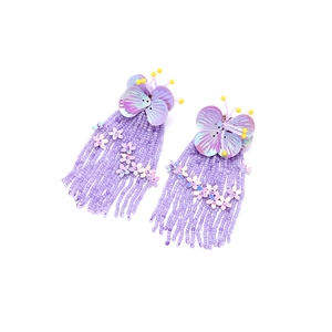 Bohemian purple butterfly drop earrings with beaded tassels and shimmering sequins