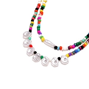 Handmade double-layered colorful beaded necklace with faux baroque pearls for women