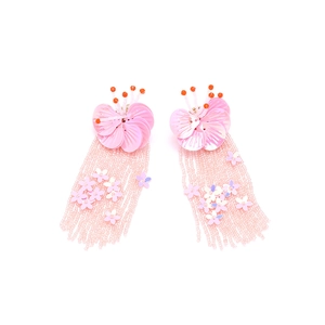 Detail of pink floral beaded tassel earrings with iridescent sequins and beads